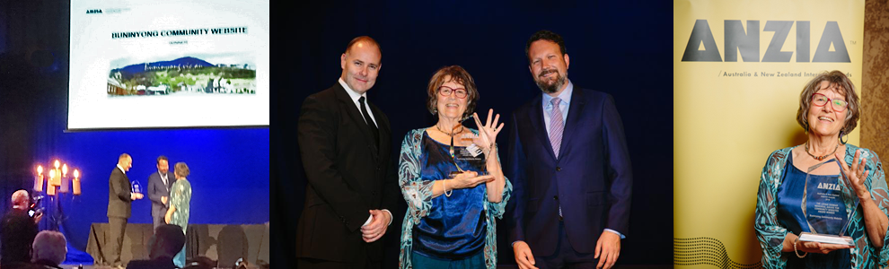 Buninyong Community Website is awarded the 2016 <em>Leonie Dunbar Memorial Award for Community Websites</em> by the CEOs of auDA and Internet NZ, Cameron Boardman and Jordan Carter. Liz Lumsdon holds the Community Website trophy